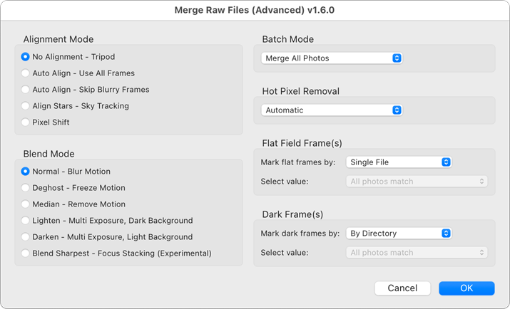 MergeRAW Advanced merge dialog with batch mode, hot pixel removal, flat field, and dark frame options