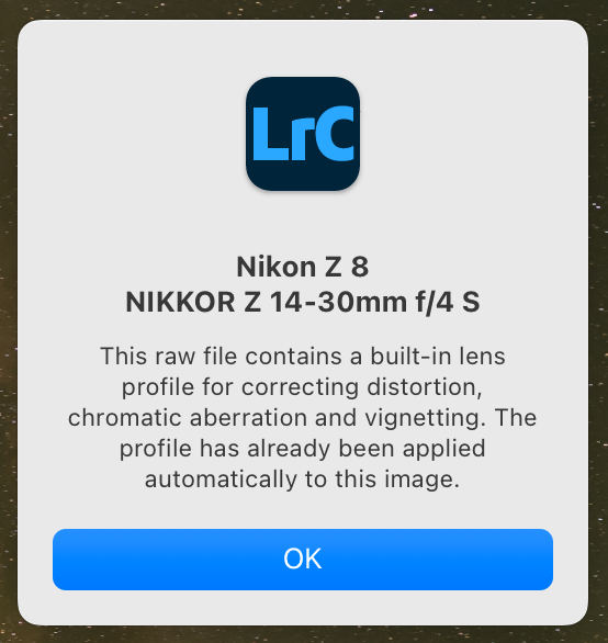 Adobe Camera Raw showing built-in lens profile that cannot be disabled